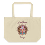 Load image into Gallery viewer,  Goddess Swag, Large Eco Tote Bag Organic Cotton Oyster Color with Mandala and Chakra Design by Goddess Swag which is written in deep purple color.
