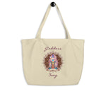 Load image into Gallery viewer,  Goddess Swag, Large Eco Tote Bag Organic Cotton Oyster Color with Mandala and Chakra Design by Goddess Swag which is written in deep purple color.
