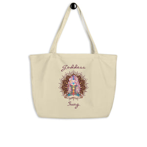  Goddess Swag, Large Eco Tote Bag Organic Cotton Oyster Color with Mandala and Chakra Design by Goddess Swag which is written in deep purple color.
