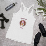 Load image into Gallery viewer, womens racer back tank top next level 6733 with goddess swag written on front of shirt only and also design of a goddess in lotus position with chakras showing and mandala behind her.  womens clothing.
