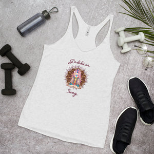 womens racer back tank top next level 6733 with goddess swag written on front of shirt only and also design of a goddess in lotus position with chakras showing and mandala behind her.  womens clothing.