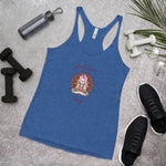 Load image into Gallery viewer, womens racer back tank top next level 6733 with goddess swag written on front of shirt only and also design of a goddess in lotus position with chakras showing and mandala behind her.  womens clothing.
