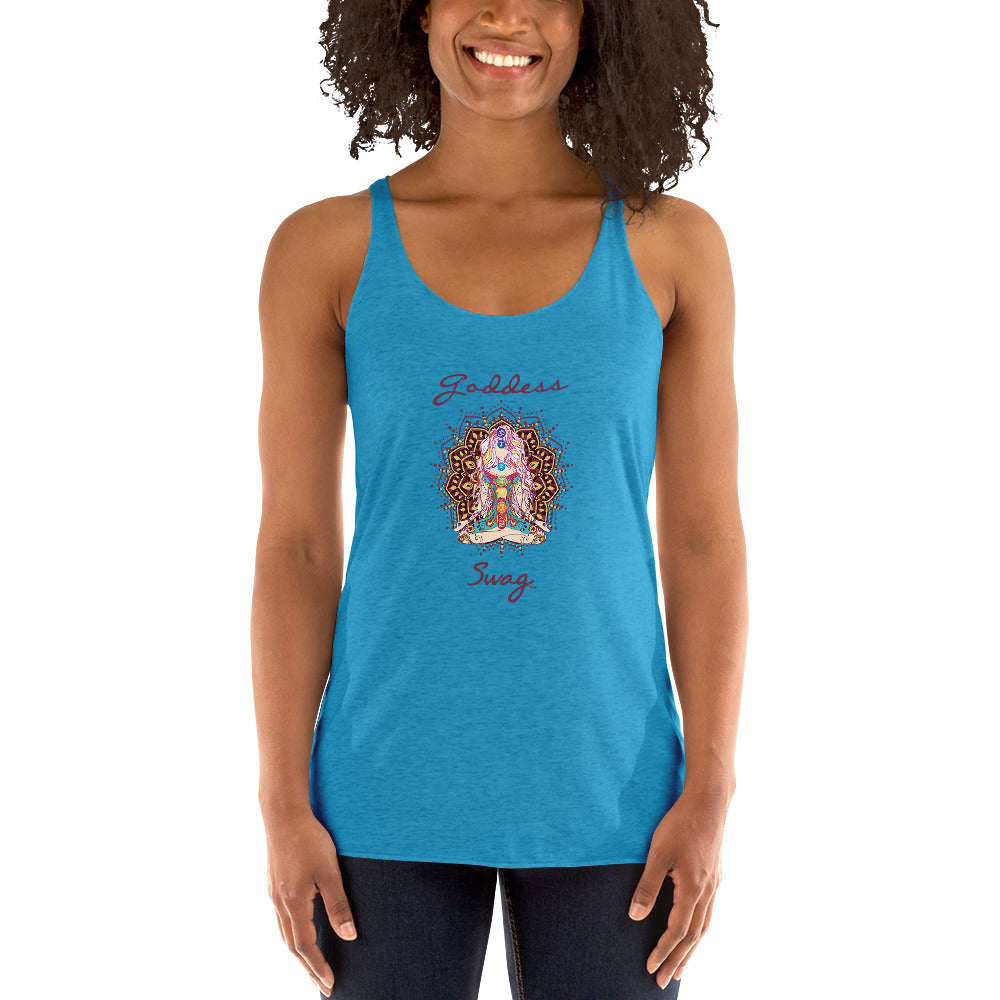 womens racer back tank top next level 6733 with goddess swag written on front of shirt only and also design of a goddess in lotus position with chakras showing and mandala behind her.  womens clothing. turquoise color