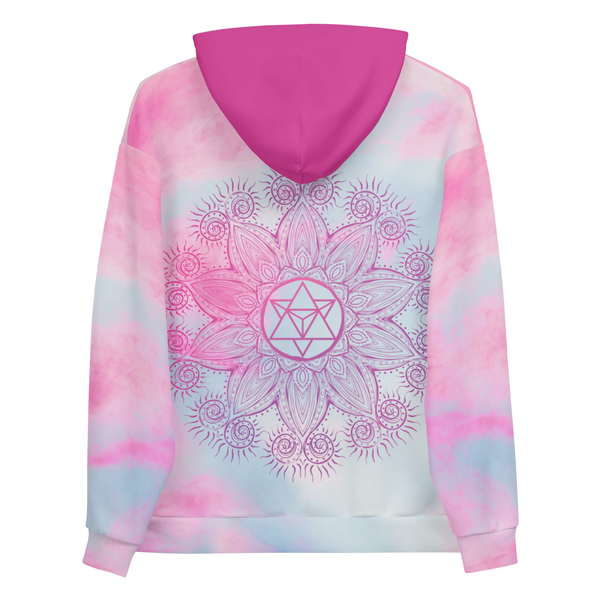 soul star chakra mandala design on hoodie front and back.  Hood is dark pink.  Background is pastels of  soft blue and pink. Designed by goddess swag.