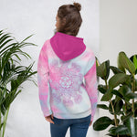 Load image into Gallery viewer, soul star chakra mandala design on hoodie front and back.  Hood is dark pink.  Background is pastels of  soft blue and pink. Designed by goddess swag.
