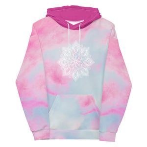 soul star chakra mandala design on hoodie front and back.  Hood is dark pink.  Background is pastels of  soft blue and pink. Designed by goddess swag.