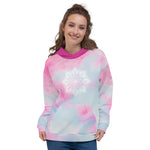 Load image into Gallery viewer, soul star chakra mandala design on hoodie front and back.  Hood is dark pink.  Background is pastels of  soft blue and pink. Designed by goddess swag.

