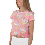 Load image into Gallery viewer, Light to medium pink background with pastel and gold color sri yantra design all over front back and short sleeves.  This is a crop top tee by goddess swag as part of the cosmic powers collection
