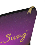 Load image into Gallery viewer, Goddess Swag Bag Mini (named cosmic).  Item can be used as accessory pouch, makeup bag or cosmetic bag with a background is purple with some orange like sunset.  Goddess Swag wording is in gold on one side of the bag only.  There is an option of a black or a white zipper, and a large or a small bag. 
