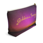 Load image into Gallery viewer, Goddess Swag Bag Mini (named cosmic).  Item can be used as accessory pouch, makeup bag or cosmetic bag with a background is purple with some orange like sunset.  Goddess Swag wording is in gold on one side of the bag only.  There is an option of a black or a white zipper, and a large or a small bag. 
