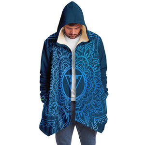 Throat Chakra Mandala Unisex Microfleece Cloak with Hood Cerulean Blue Infinity Sri Yantra Design