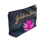 Load image into Gallery viewer, Goddess Swag Bag Mini called Lotus Love.  Bag can be used as an accessory bag, makeup or cosmetic bag.  One side of bag shows a pink lotus with lily pad background and goddess swag writing in gold above the lotus.  The other side of the bag shows the pink lotus and lily pad background only.
