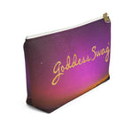 Load image into Gallery viewer, Goddess Swag Bag Mini (named cosmic).  Item can be used as accessory pouch, makeup bag or cosmetic bag with a background is purple with some orange like sunset.  Goddess Swag wording is in gold on one side of the bag only.  There is an option of a black or a white zipper, and a large or a small bag. 
