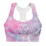Load image into Gallery viewer, longline sports bra by goddess swag.  colors are pastel pinks and blues. the design on front and back is a magenta pink mandala and star tetrahedron to represent the soul star chakra
