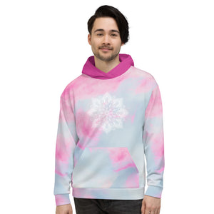 soul star chakra mandala design on hoodie front and back.  Hood is dark pink.  Background is pastels of  soft blue and pink. Designed by goddess swag.