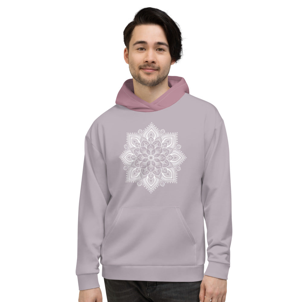 mystic 77 heart chakra mandala hoodie by goddess swag.  design on front is a white mandala.  design on back is a white heart chakra mandala enlarged. The hood is a medium mauve. The background of the hoodie is a solid light mauve.  Hoodie has a pocket pouch in front.