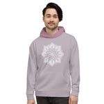 Load image into Gallery viewer, mystic 77 heart chakra mandala hoodie by goddess swag.  design on front is a white mandala.  design on back is a white heart chakra mandala enlarged. The hood is a medium mauve. The background of the hoodie is a solid light mauve.  Hoodie has a pocket pouch in front.
