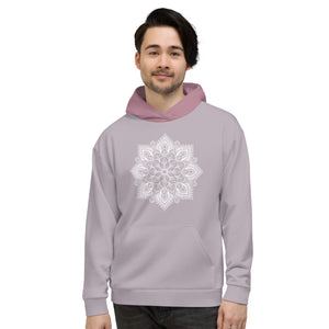 mystic 77 heart chakra mandala hoodie by goddess swag.  design on front is a white mandala.  design on back is a white heart chakra mandala enlarged. The hood is a medium mauve. The background of the hoodie is a solid light mauve.  Hoodie has a pocket pouch in front.