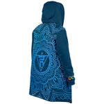 Load image into Gallery viewer, Throat Chakra Mandala Unisex Microfleece Cloak with Hood Cerulean Blue Infinity Sri Yantra Design
