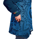 Load image into Gallery viewer, Throat Chakra Mandala Unisex Microfleece Cloak with Hood Cerulean Blue Infinity Sri Yantra Design
