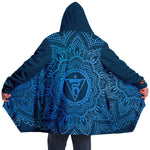 Load image into Gallery viewer, Throat Chakra Mandala Unisex Microfleece Cloak with Hood Cerulean Blue Infinity Sri Yantra Design
