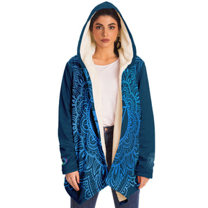 Throat Chakra Mandala Unisex Microfleece Cloak with Hood Cerulean Blue Infinity Sri Yantra Design