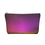 Load image into Gallery viewer, Goddess Swag Bag Mini (named cosmic).  Item can be used as accessory pouch, makeup bag or cosmetic bag with a background is purple with some orange like sunset.  Goddess Swag wording is in gold on one side of the bag only.  There is an option of a black or a white zipper, and a large or a small bag. 
