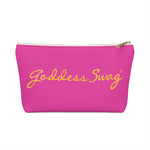 Load image into Gallery viewer, Goddess Swag Bag Mini (named sparkle).  Item can be used as accessory pouch, makeup bag or cosmetic bag. Background is pink on one side with Goddess Swag wording in gold over the pink, and a gold sparkle image on the other side of the bag.  There is an option of a black or a white zipper, and a large or a small bag. 
