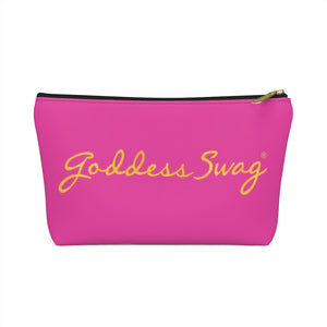 Goddess Swag Bag Mini (named sparkle).  Item can be used as accessory pouch, makeup bag or cosmetic bag. Background is pink on one side with Goddess Swag wording in gold over the pink, and a gold sparkle image on the other side of the bag.  There is an option of a black or a white zipper, and a large or a small bag. 