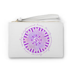 Load image into Gallery viewer, white vegan leather small pouch clutch with wrist handle. Design on one side is a violet crown chakra mandala pattern with the om symbol in the center and on the outside in a circle pattern are the words cosmic enlightenment and divinity.  On the other side is goddess swag in gold writing
