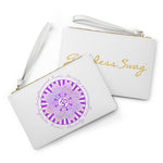 Load image into Gallery viewer, white vegan leather small pouch clutch with wrist handle. Design on one side is a violet crown chakra mandala pattern with the om symbol in the center and on the outside in a circle pattern are the words cosmic enlightenment and divinity.  On the other side is goddess swag in gold writing
