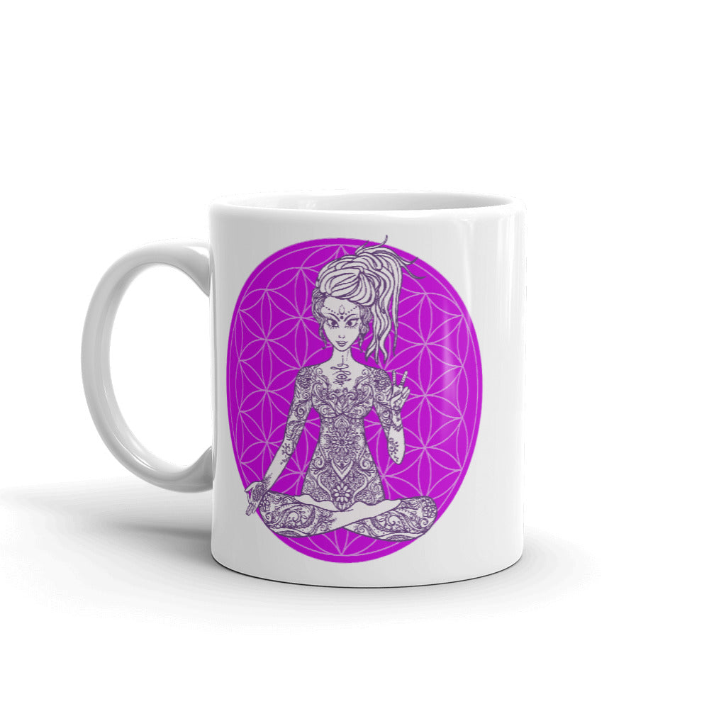 Divine Vibes™ ceramic coffee mug 11oz with goddess making peace sign with right hand and purple flower of life design by goddess swag 