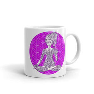 Goddess Swag Divine Vibes™ ceramic coffee mug 11oz with goddess making peace sign with right hand and purple flower of life design 