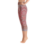 Load image into Gallery viewer, Yoga capri leggings midcalf length by Goddess Swag.  Background solid color is a medium grey. design overlay in front and back is a red mandala print for the earth star chakra.  On front waist is the earth star chakra centered. On back waist is goddess swag written out in red.

