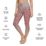 Load image into Gallery viewer, Yoga capri leggings midcalf length by Goddess Swag.  Background solid color is a medium grey. design overlay in front and back is a red mandala print for the earth star chakra.  On front waist is the earth star chakra centered. On back waist is goddess swag written out in red.

