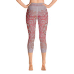 Load image into Gallery viewer, Yoga capri leggings midcalf length by Goddess Swag.  Background solid color is a medium grey. design overlay in front and back is a red mandala print for the earth star chakra.  On front waist is the earth star chakra centered. On back waist is goddess swag written out in red.
