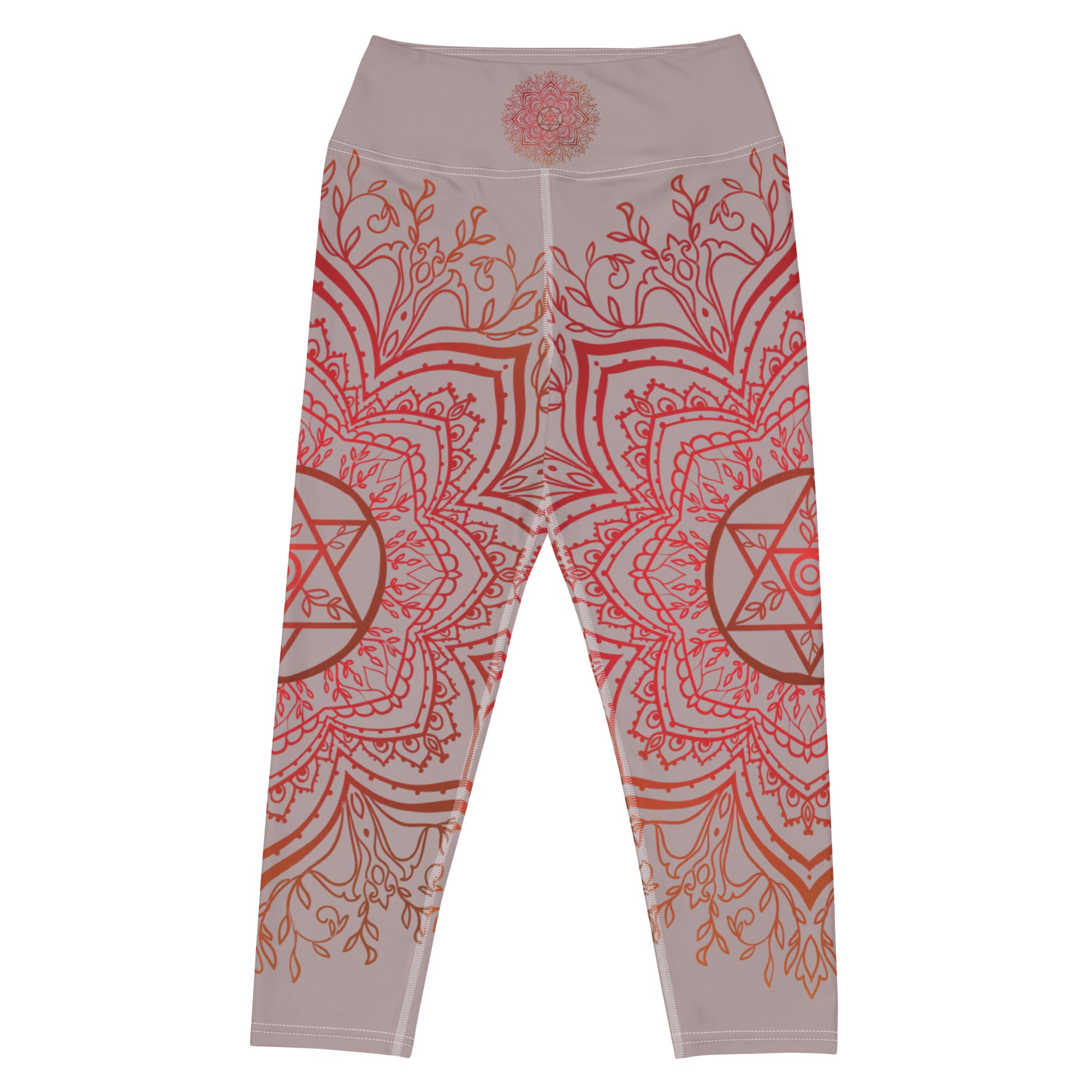 Yoga capri leggings midcalf length by Goddess Swag.  Background solid color is a medium grey. design overlay in front and back is a red mandala print for the earth star chakra.  On front waist is the earth star chakra centered. On back waist is goddess swag written out in red.