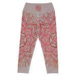 Load image into Gallery viewer, Yoga capri leggings midcalf length by Goddess Swag.  Background solid color is a medium grey. design overlay in front and back is a red mandala print for the earth star chakra.  On front waist is the earth star chakra centered. On back waist is goddess swag written out in red.
