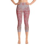 Load image into Gallery viewer, Yoga capri leggings midcalf length by Goddess Swag.  Background solid color is a medium grey. design overlay in front and back is a red mandala print for the earth star chakra.  On front waist is the earth star chakra centered. On back waist is goddess swag written out in red.
