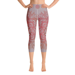 Yoga capri leggings midcalf length by Goddess Swag.  Background solid color is a medium grey. design overlay in front and back is a red mandala print for the earth star chakra.  On front waist is the earth star chakra centered. On back waist is goddess swag written out in red.