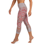 Load image into Gallery viewer, Yoga capri leggings midcalf length by Goddess Swag.  Background solid color is a medium grey. design overlay in front and back is a red mandala print for the earth star chakra.  On front waist is the earth star chakra centered. On back waist is goddess swag written out in red.
