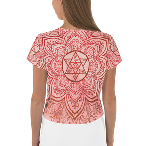 earth star chakra mandala short sleeve crop top tee by goddess swag.  Red chakra design on front back and sleeves