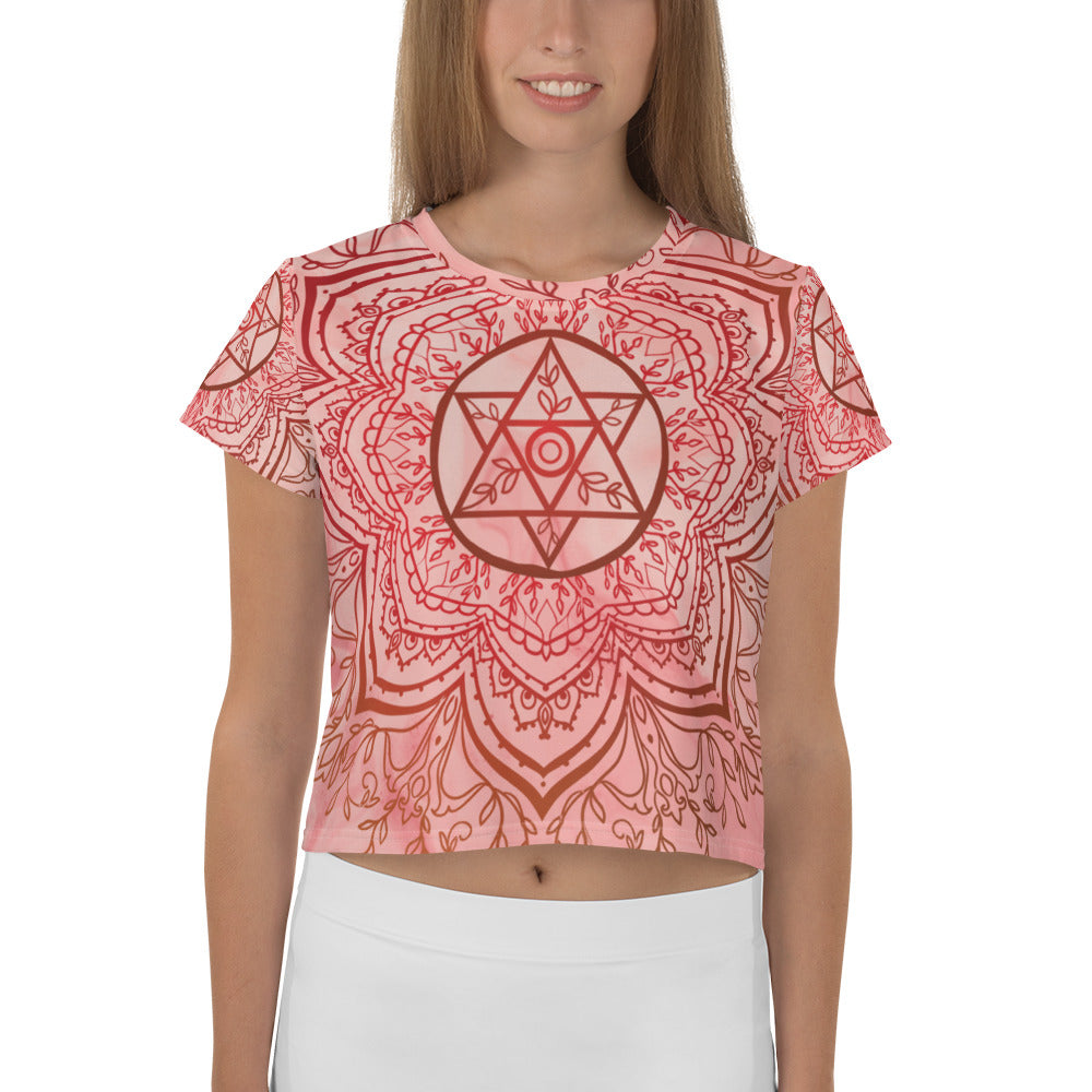 earth star chakra mandala short sleeve crop top tee by goddess swag.  Red chakra design on front back and sleeves