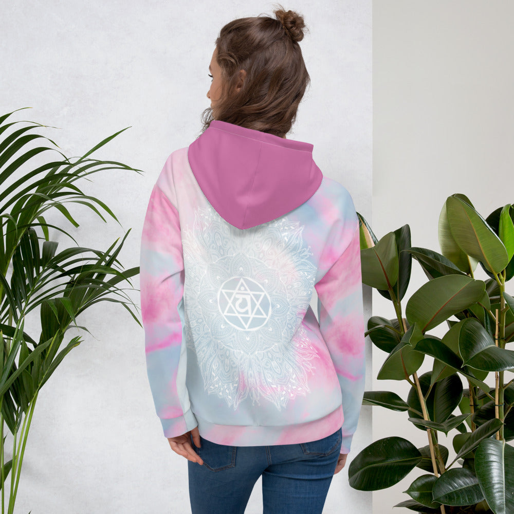 Ethereal Heart Chakra Mandala Hoodie by Goddess Swag pastel background of blue pink and white with medium pink hood color.  heart chakra mandala design in white on back and white mandala design on front
