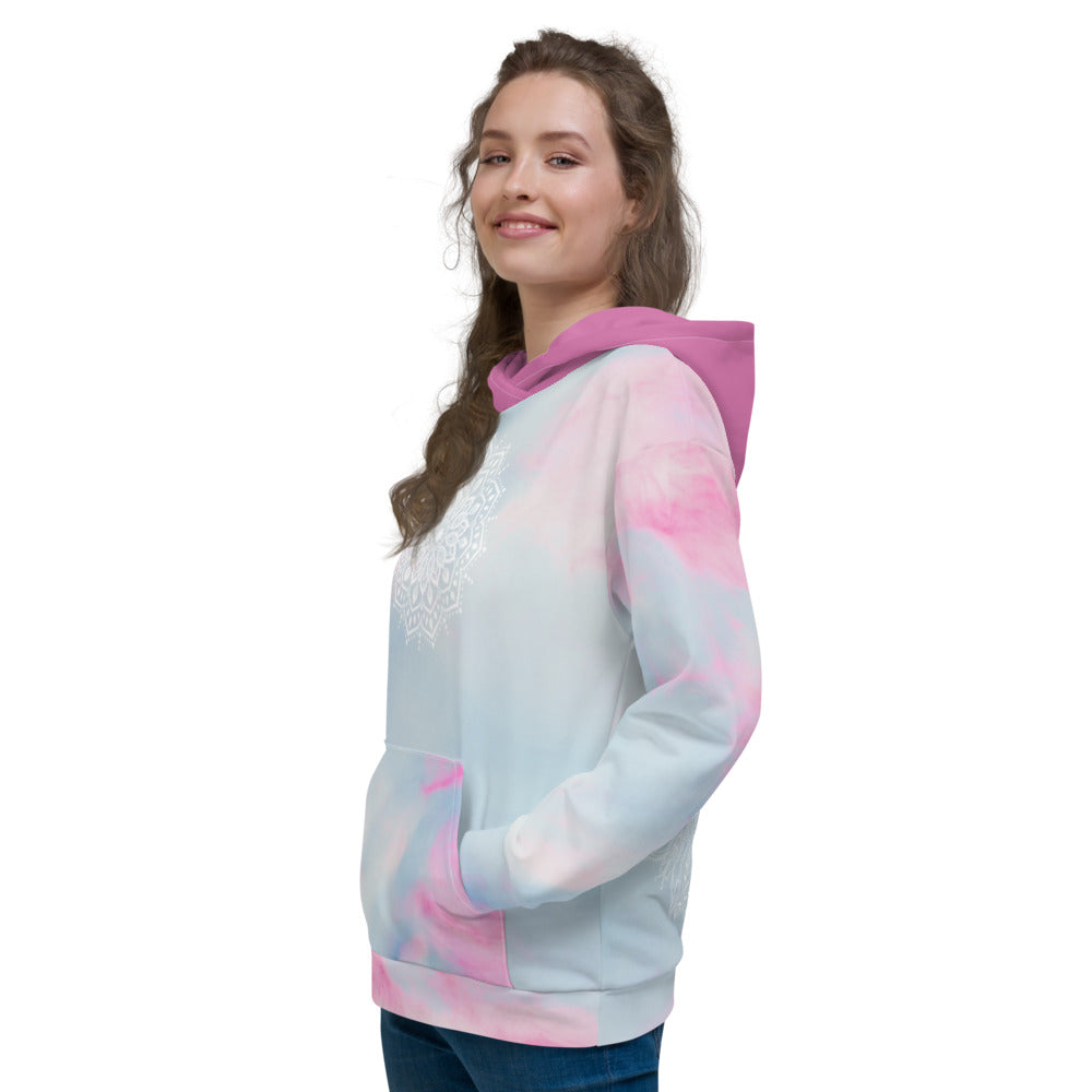 Ethereal Heart Chakra Mandala Hoodie by Goddess Swag pastel background of blue pink and white with medium pink hood color.  heart chakra mandala design in white on back and white mandala design on front