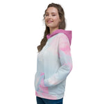 Load image into Gallery viewer, Ethereal Heart Chakra Mandala Hoodie by Goddess Swag pastel background of blue pink and white with medium pink hood color.  heart chakra mandala design in white on back and white mandala design on front
