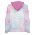 Load image into Gallery viewer, Ethereal Heart Chakra Mandala Hoodie by Goddess Swag pastel background of blue pink and white with medium pink hood color.  heart chakra mandala design in white on back and white mandala design on front
