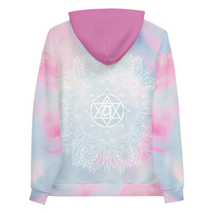 Ethereal Heart Chakra Mandala Hoodie by Goddess Swag pastel background of blue pink and white with medium pink hood color.  heart chakra mandala design in white on back and white mandala design on front