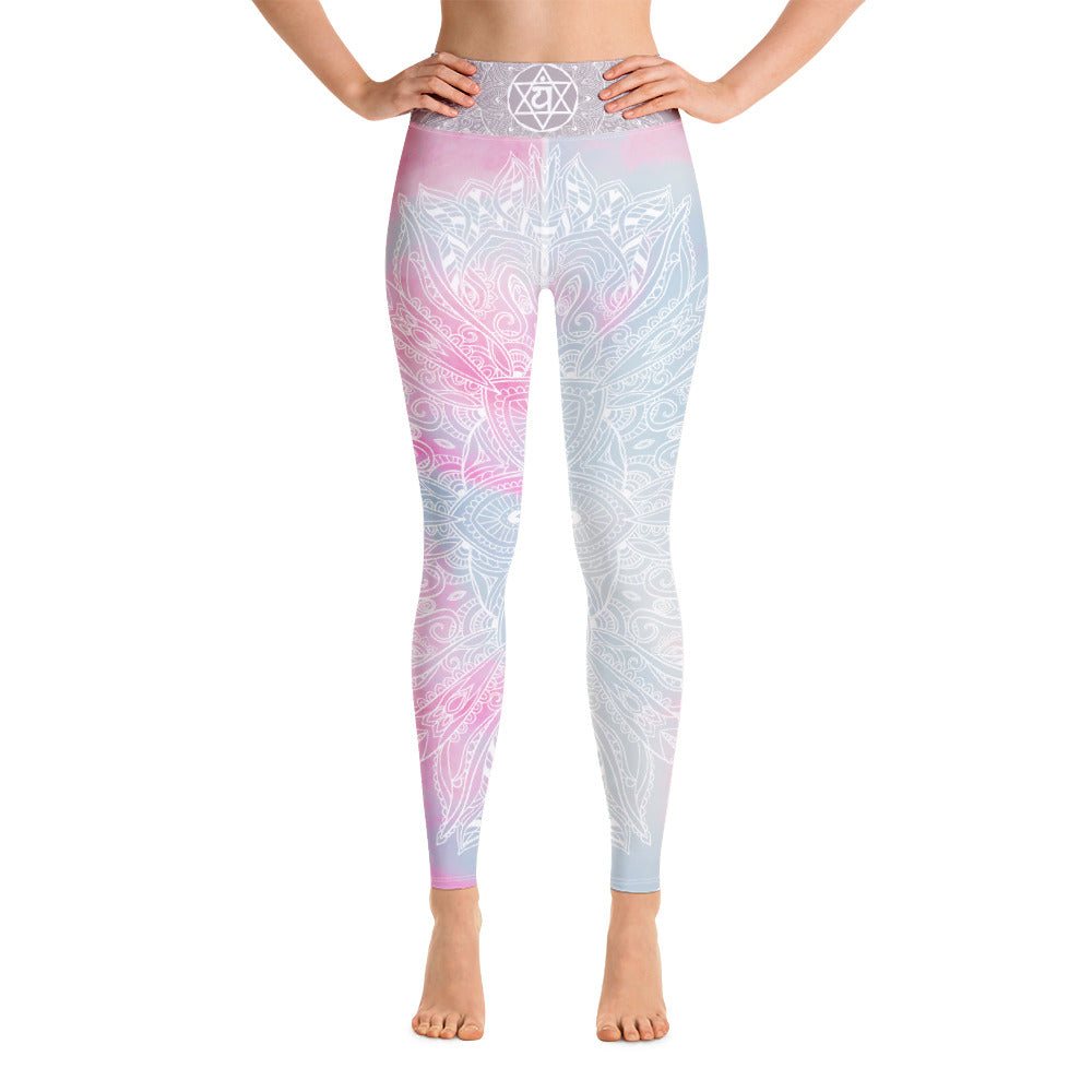 full length leggings pastel background with heart chakra mandala design on front and back by goddess swag