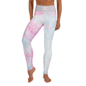 full length leggings pastel background with heart chakra mandala design on front and back by goddess swag